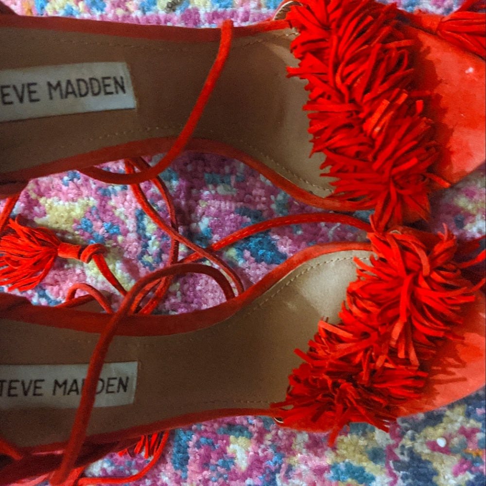 Steve Madden Red Fringe Ankle-Tie Sandals - Picture 5 of 6